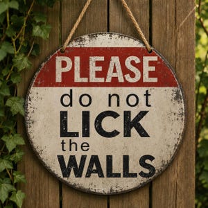 May include: A round, distressed metal sign with a jute rope hanger. The sign features a red horizontal band at the top with the white text PLEASE, followed by the black text do not LICK the WALLS on a cream-colored background with dark edges.