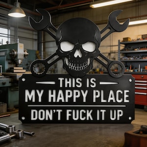 Edgy Skull & Wrenches Metal Wall Sign | This is My Happy Place Don't Ruin It | Garage Man Cave Decor for Mechanics  Bikers
