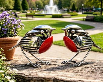 Handgefertigte Rotkehlchen Metall-Skulptur, innovative silberne Gartenkunst, rustikale Außendekoration, einzigartiges Geschenk für Vogelliebhaber, Terrassenschmuck.