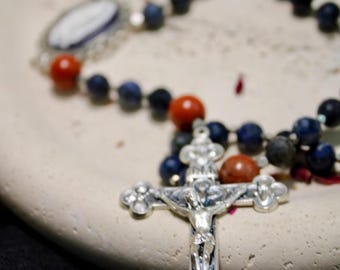 The All American Rosary: Denim Dumortierite with Red Jasper, Guadalupe Cameo, Blue-Washed Crucifix