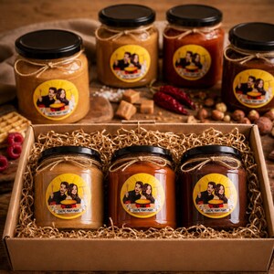 Peut inclure: Un coffret cadeau en carton contenant trois bocaux en verre remplis de pâtes à tartiner de différentes couleurs, avec couvercle noir, lien en ficelle et étiquette ronde jaune illustrée avec le texte Crepe Miam Miam.