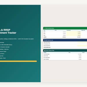 Può includere: Un tracker di investimenti digitale per TFSA e RRSP, progettato per il sistema fiscale canadese. Il documento verde acqua e bianco mostra lo spazio di contribuzione, i limiti di detrazione e le partecipazioni in portafoglio. Include 12 fogli predefiniti.