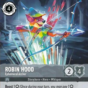 Puede incluir: Una carta coleccionable con Robin Hood, un zorro antropomórfico, apuntando con un arco azul. La carta tiene el texto "ROBIN HOOD" y detalles del juego. La ilustración es colorida. La carta es de la serie Disney Lorcana.