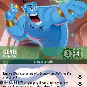 Può includere: Una carta collezionabile Disney Lorcana con il Genio di Aladdin. Il genio blu sorride con le braccia tese. La carta include il testo "GENIE On the Job" e altri dettagli del gioco. C'è un numero 6 nell'angolo in alto a sinistra.