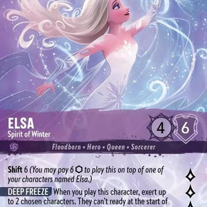 May include: A trading card featuring Elsa from Disney's Frozen, in a dynamic pose with flowing white hair and a white dress. The card includes text such as "ELSA Spirit of Winter" and game mechanics.