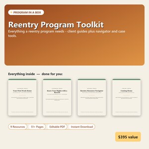Könnte beinhalten: Ein digitales Reentry-Programm-Toolkit mit brauner Kopfzeile und weißem Text. Es enthält vier Dokumentencover mit den Titeln Your First Week Home, Know Your Rights with a Record, Reentry Resource Navigator und Coming Home. Beschriftungen zeigen 9 Ressourcen, 51+ Seiten, bearbeitbares PDF und Sofort-Download an.
