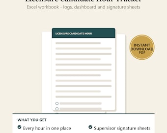 Licensure Hour Tracker Spreadsheet for LPC LCSW LMFT Candidates | Supervised Hours Log, Dashboard and Supervisor Signature Sheets | Excel