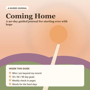 Könnte beinhalten: Ein geführtes Journal mit dem Titel Coming Home, ein 90-Tage-Journal für einen hoffnungsvollen Neuanfang. Das Cover zeigt eine Sonnenuntergangsgrafik und eine Inhaltsliste mit Who I am beyond my record, 30 / 60 / 90 day goals, Weekly check-in pages und Words for the hard days.