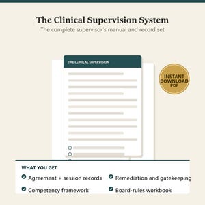 Peut inclure: Le système de supervision clinique, un manuel complet pour superviseur et un ensemble de dossiers au format PDF. Comprend des accords et dossiers de session, un cadre de compétences, remédiation et suivi, et un manuel de règles du conseil.