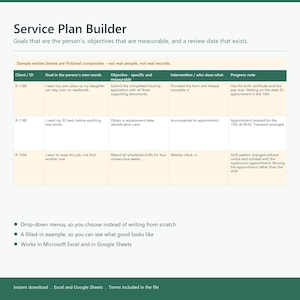 May include: A Service Plan Builder document template featuring a table with columns for Client ID, Goal, Objective, Intervention, and Progress note. The table contains three rows of sample data. Below the table are three bullet points describing features.