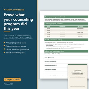 Suivi des données des conseillers scolaires | Rapport de résultats aligné sur l'ASCA, évaluation des besoins, données sur les leçons et les petits groupes, calendrier du programme | PDF imprimable