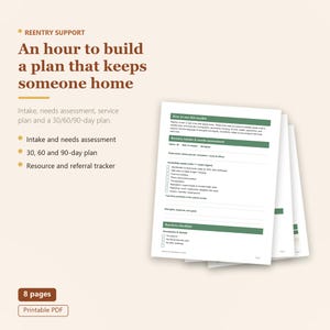 Wiedereingliederungs-Toolkit | Aufnahme, Bedarfsanalyse und Hilfeplan für Gefangene | 30/60/90-Tage-Plan | Druckbare PDF-Datei für Sozialarbeiter