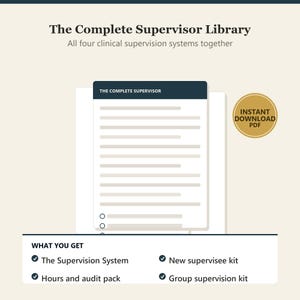 Puede incluir: Conjunto de documentos digitales The Complete Supervisor Library con el texto The Complete Supervisor, All four clinical supervision systems together e Instant Download PDF. Incluye The Supervision System, Hours and audit pack, New supervisee kit y Group supervision kit.