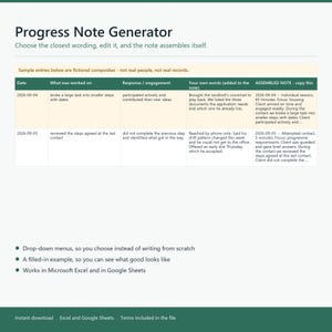 Progress Note Generator Template, Editable Excel and Google Sheets, Drop Down Session Notes and Case Note Builder
