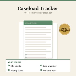 May include: A Caseload Tracker client overview organizer document with a green header, featuring lines for text and circular checkboxes. A gold circular badge reads INSTANT DOWNLOAD PDF. A bottom section lists features: 40+ clients, case organizer, priority status, and printable PDF.