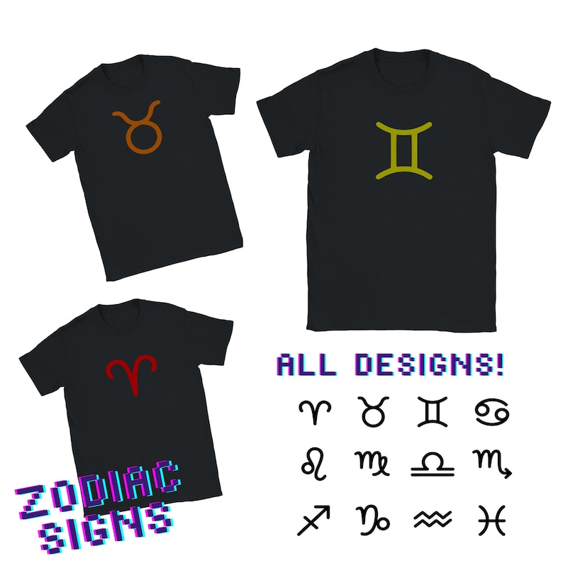 Może przedstawiać: Czarne koszulki z symbolami zodiaku w kolorze pomarańczowym, ż&oacute;łtym i czerwonym. Obraz zawiera tekst "WSZYSTKIE WZORY!" i "ZODIAC SIGNS". Symbole zodiaku są wyświetlane poniżej.