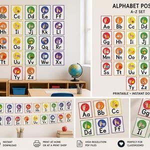 Könnte beinhalten: Alphabet-Poster A-Z-Set mit farbenfrohen Illustrationen des Alphabets und Gebärdensymbolen. Die Poster sind in einem Klassenzimmer an einer Wand angeordnet. Der Text "Printable + Instant Download" ist ebenfalls sichtbar.