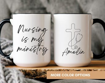 Les soins infirmiers sont mon ministère Mug nom personnalisé Faith infirmière cadeau Mug chrétien personnalisé cadeau chrétien pour les amateurs de café Mug verset biblique