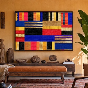 Ausdruckbares Kente-Stoffmuster, afrozentrische Wandkunst, farbenfrohes geometrisches afrikanisches Textildesign, lebendige kulturelle Wohndekoration