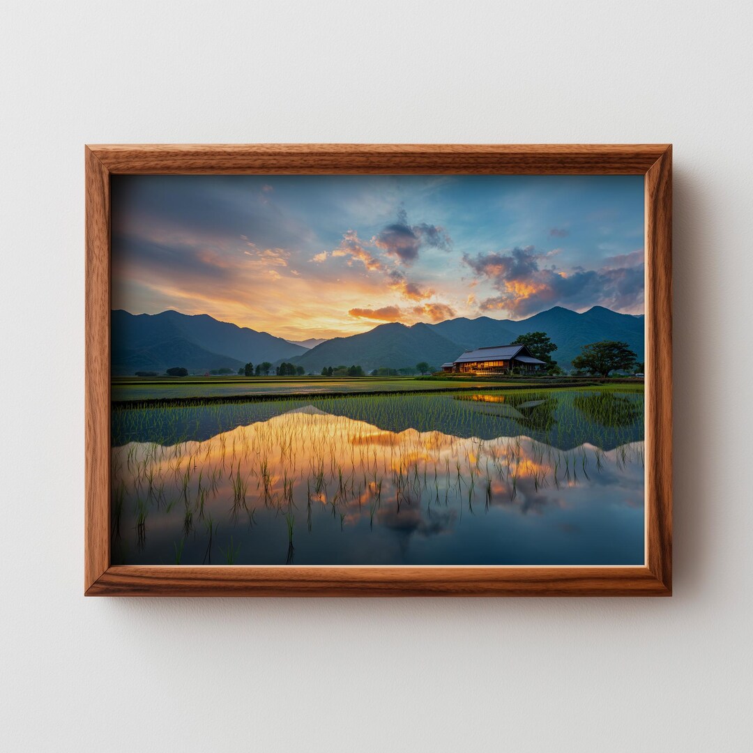 Printable Japanese Countryside Landscape - Serene Sunset With Rice ...