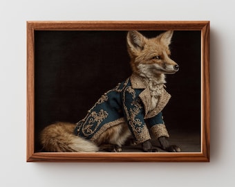 ルネッサンス風キツネの肖像画プリント - 威厳ある擬人化アート、ヴィンテージスタイルの装飾、古典的な動物画、即時デジタルダウンロード