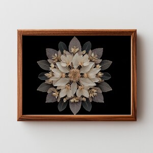 May include: A framed artwork featuring a symmetrical floral arrangement against a black background. The arrangement includes white flowers, beige accents, and gray leaves. The frame is made of brown wood.