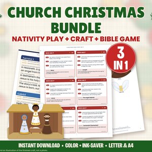 Church Christmas Bundle: Nativity Play Script Kit, Paper Cone Craft and Bible Who Am I Game, Sunday School Christmas Program