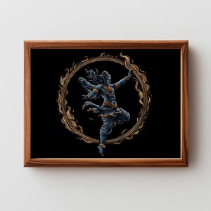 May include: A framed print featuring a blue illustration of a dancing deity within a golden, flame-like circle against a black background. The artwork is set in a brown wooden frame, showcasing a detailed depiction of the figure's pose and attire.