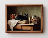 Moody Black Cat Printable Wall Art - Rustic Cozy Vintage Decor, Antique Desk, Still-Life Painting, Warm Neutral Palette, Digital Download