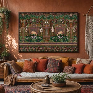 Quadro decorativo de vaca indiana para imprimir, estilo maximalista, arte folclórica, decoração com vaca sagrada, arte botânica colorida, decoração vintage inspirada na Índia. imagem 6
