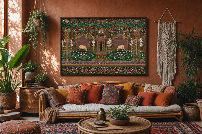 Quadro decorativo de vaca indiana para imprimir, estilo maximalista, arte folclórica, decoração com vaca sagrada, arte botânica colorida, decoração vintage inspirada na Índia. imagem 6