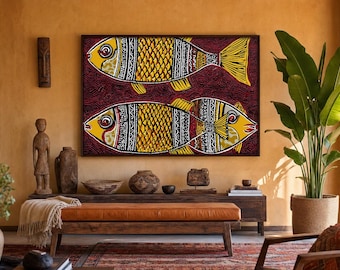 Arte de parede com peixes folclóricos africanos para imprimir, decoração tribal com peixes, impressão artística boho eclética, download digital colorido e cultural, arte para parede de galeria.