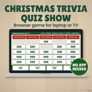クリスマス雑学バーチャルクイズショーゲーム（テレビまたはノートパソコン用）、オフラインブラウザゲーム、スコアボード、司会スクリプト、家族やオフィスのパーティーに最適