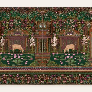 Quadro decorativo de vaca indiana para imprimir, estilo maximalista, arte folclórica, decoração com vaca sagrada, arte botânica colorida, decoração vintage inspirada na Índia. imagem 9