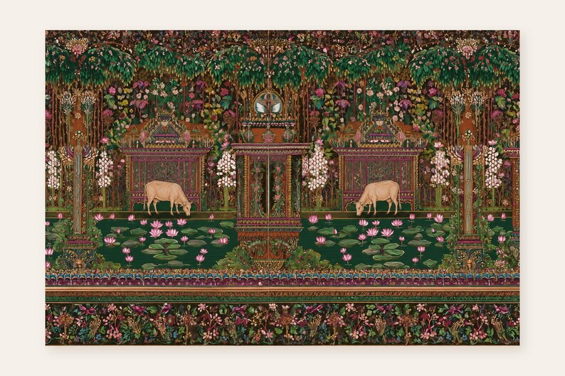 Quadro decorativo de vaca indiana para imprimir, estilo maximalista, arte folclórica, decoração com vaca sagrada, arte botânica colorida, decoração vintage inspirada na Índia. imagem 9