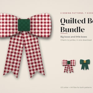 May include: A digital sewing pattern bundle titled Quilted Bow Bundle, featuring a large red and white gingham bow with a dark green center. The text includes 2 sewing patterns, 7 sizes, Big bows and little bows, and US Letter + A4 files.