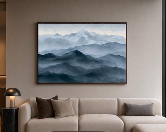 Misty Blue Mountain Print, Layered Snowy Ridges at Blue Hour, Calm Winter Landscape Wall Art, Cozy Cabin Decor, Printable Digital Download