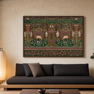 Quadro decorativo de vaca indiana para imprimir, estilo maximalista, arte folclórica, decoração com vaca sagrada, arte botânica colorida, decoração vintage inspirada na Índia. imagem 3