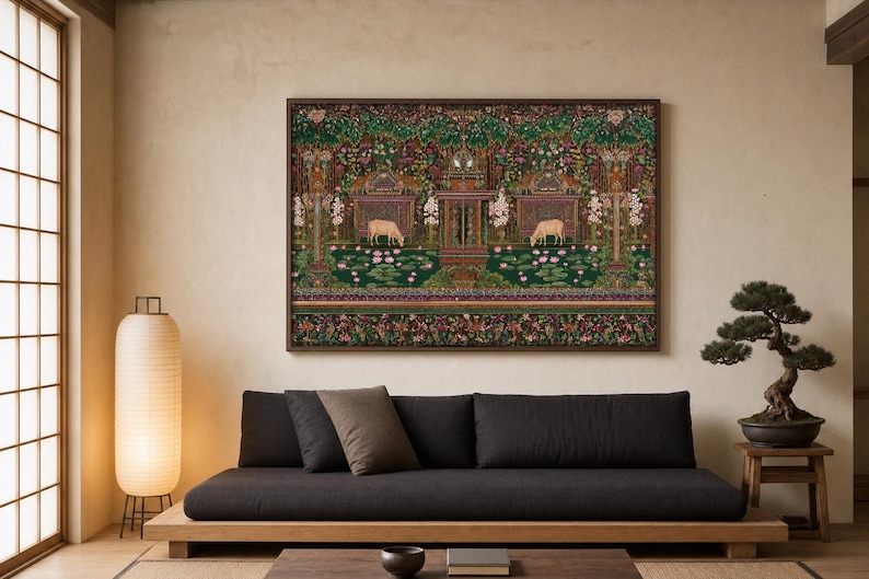 Quadro decorativo de vaca indiana para imprimir, estilo maximalista, arte folclórica, decoração com vaca sagrada, arte botânica colorida, decoração vintage inspirada na Índia. imagem 3