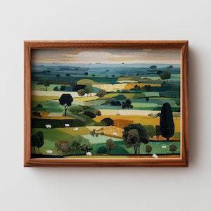 Rustic Patchwork Farmland Printable - Cozy Cottagecore Landscape Art with Grazing Sheep, Textured Pastoral Fields, Digital Download