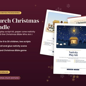 Könnte beinhalten: Ein druckbares Weihnachts-Programm-Paket mit einem Krippenspiel-Skript-Set, einem Papierkegel-Krippen-Bastelset und einem Weihnachts-Bibel-Spiel. Die Dokumente enthalten Illustrationen einer Krippenszene, eines Sterns und Figuren-Silhouetten.