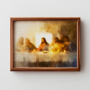 May include: A framed print of the Last Supper, featuring a warm color palette of browns, yellows, and blues. The artwork depicts figures seated at a table, with a focus on the central figure. The frame is a dark wood.