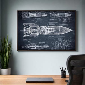 Puede incluir: Una impresión de arte mural enmarcada que presenta un plano técnico blanco de un cohete sobre un fondo azul oscuro. El esquema detallado incluye múltiples vistas de la estructura del cohete, componentes del motor y varias anotaciones técnicas en texto blanco.