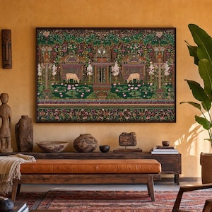Quadro decorativo de vaca indiana para imprimir, estilo maximalista, arte folclórica, decoração com vaca sagrada, arte botânica colorida, decoração vintage inspirada na Índia. imagem 1