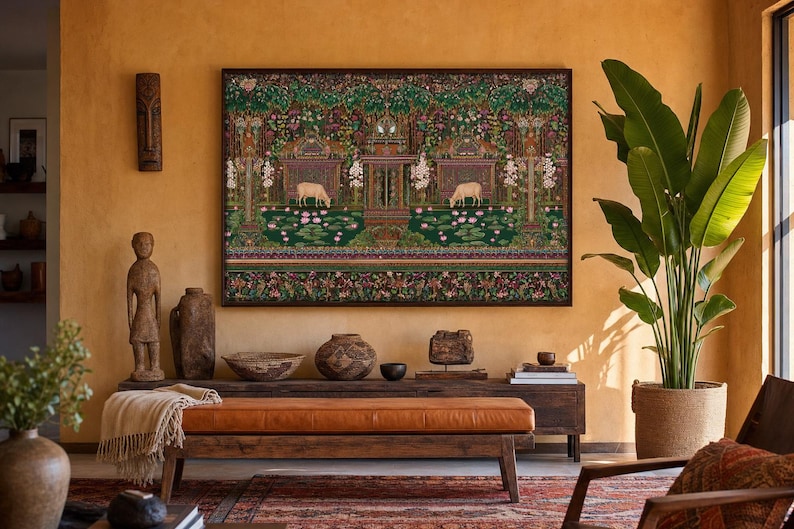Quadro decorativo de vaca indiana para imprimir, estilo maximalista, arte folclórica, decoração com vaca sagrada, arte botânica colorida, decoração vintage inspirada na Índia. imagem 1