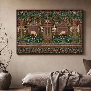 Quadro decorativo de vaca indiana para imprimir, estilo maximalista, arte folclórica, decoração com vaca sagrada, arte botânica colorida, decoração vintage inspirada na Índia. imagem 2