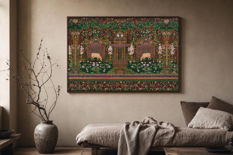 Quadro decorativo de vaca indiana para imprimir, estilo maximalista, arte folclórica, decoração com vaca sagrada, arte botânica colorida, decoração vintage inspirada na Índia. imagem 2