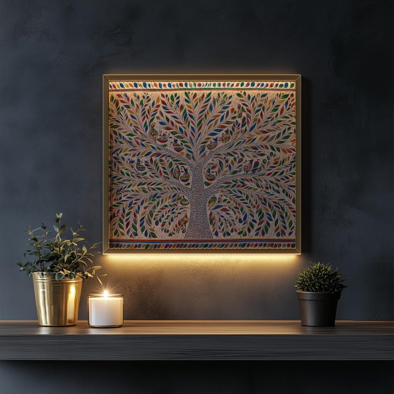 Printable Traditional Madhubani Tree of Life Art - Vibrant Folk Art ...