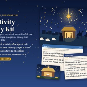 Può includere: Un kit stampabile per recita di Natale con sfondo blu scuro stellato, illustrazione del presepe e pagine di copione. Il testo include Nativity Play Kit, Script A: short rhymes, ages 4 to 8, Script B: Bible readings, ages 8 to 14+ e Instant Download.