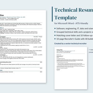 Technical Resume Template Word, Engineering Resume, Software Engineer, IT and STEM, ATS Friendly, Cover Letter, Recruiter Guide